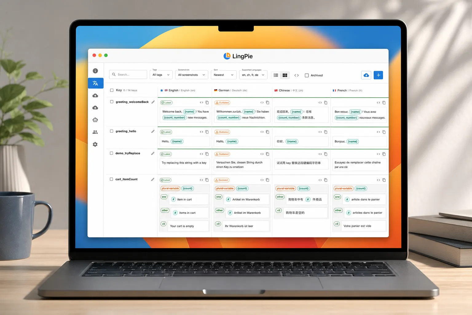 LingPie translation workspace showing keys, languages, and live preview